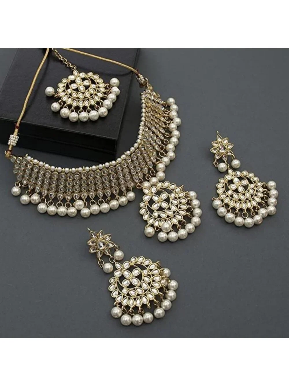 Stunning Indian Maang Tikka & Kundan Necklace Earrings Set - Ethnic Wedding